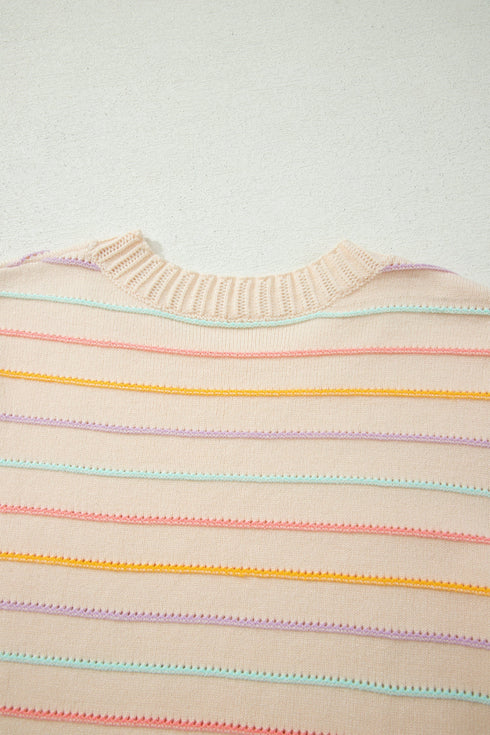 Repeated Stripe Band Crew Neck Graphic Knit Sweater