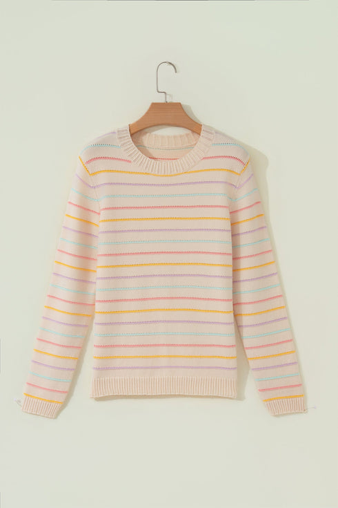Repeated Stripe Band Crew Neck Graphic Knit Sweater