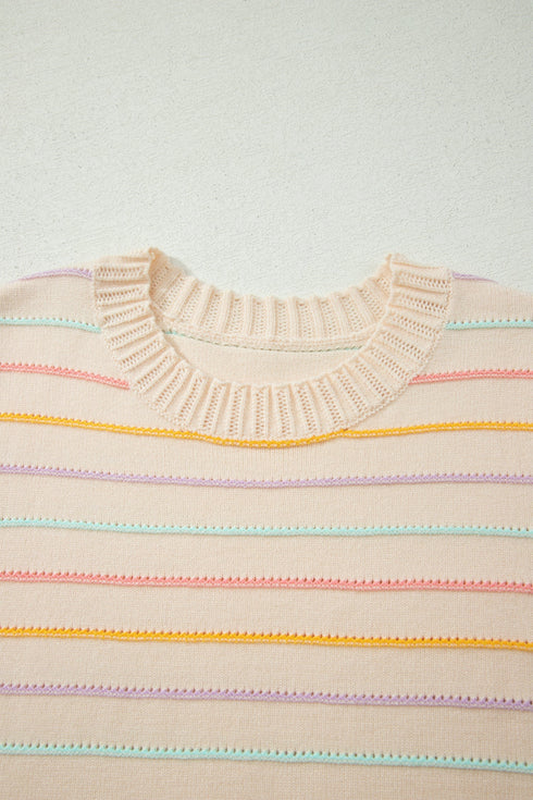 Repeated Stripe Band Crew Neck Graphic Knit Sweater
