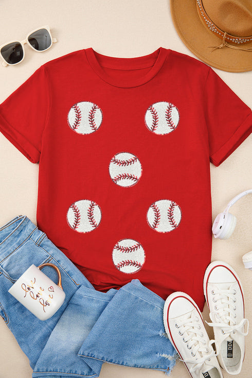 Repeating Glitter Baseball Graphic Print Game Day Tee Shirt