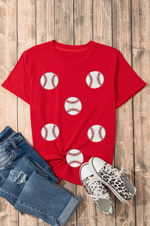Repeating Glitter Baseball Graphic Print Game Day Tee Shirt