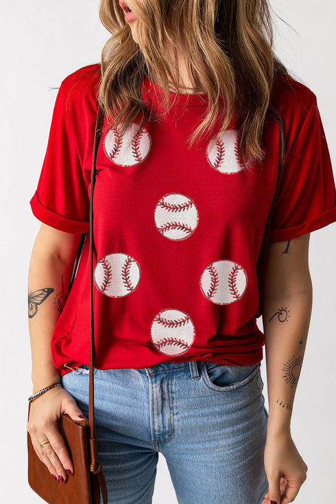 Repeating Glitter Baseball Graphic Print Game Day Tee Shirt