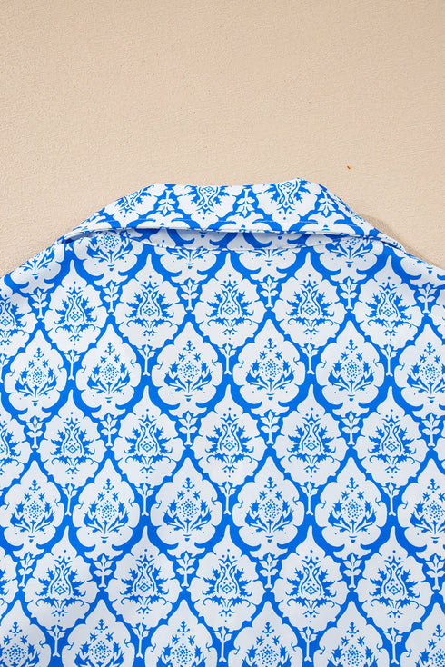 Resort Tile Print Contrast Trim Half Zip Collar Top