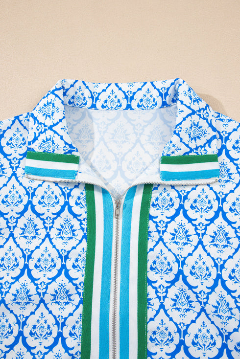 Resort Tile Print Contrast Trim Half Zip Collar Top