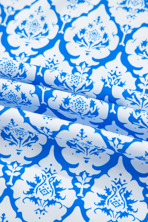 Resort Tile Print Contrast Trim Half Zip Collar Top