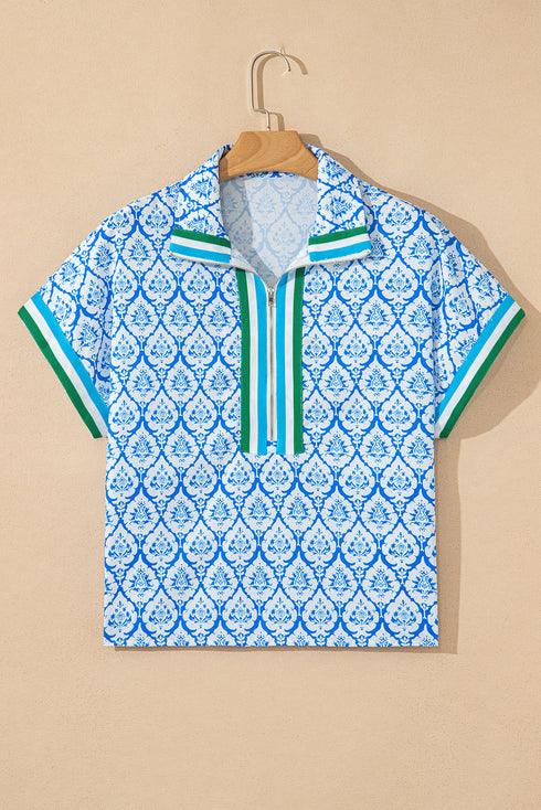 Resort Tile Print Contrast Trim Half Zip Collar Top