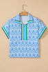 Resort Tile Print Contrast Trim Half Zip Collar Top
