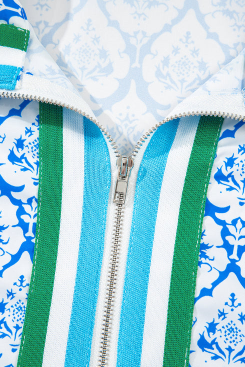 Resort Tile Print Contrast Trim Half Zip Collar Top