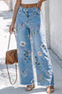 Retro All Over Floral Print Frayed Hem Denim Jeans