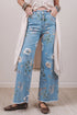 Retro All Over Floral Print Frayed Hem Denim Jeans