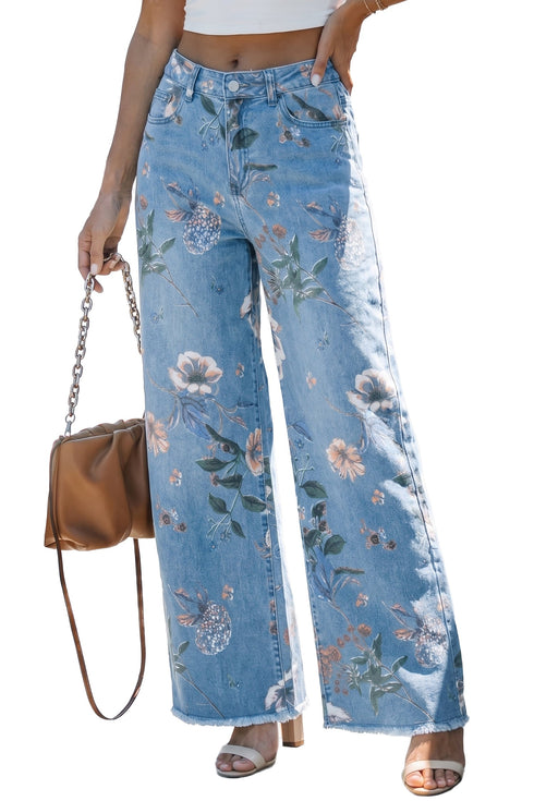 Retro All Over Floral Print Frayed Hem Denim Jeans