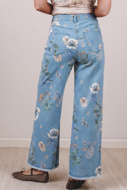 Retro All Over Floral Print Frayed Hem Denim Jeans