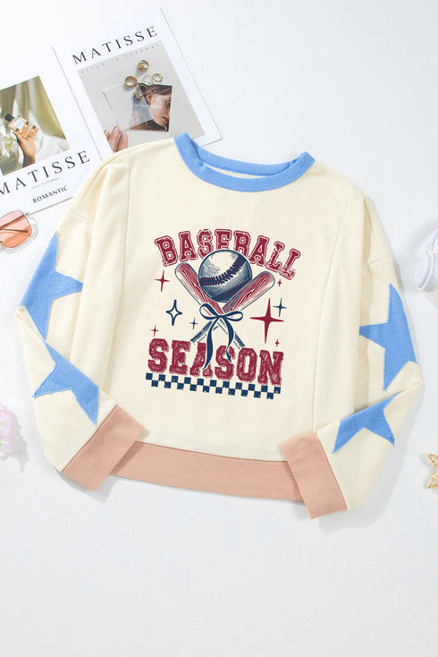 Retro Baseball Season Graphic Star Patch Colorblock Game Day Sweatshirt