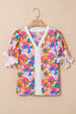 Retro Bloom V Neck Cotton Floral Tie Sleeve Blouse