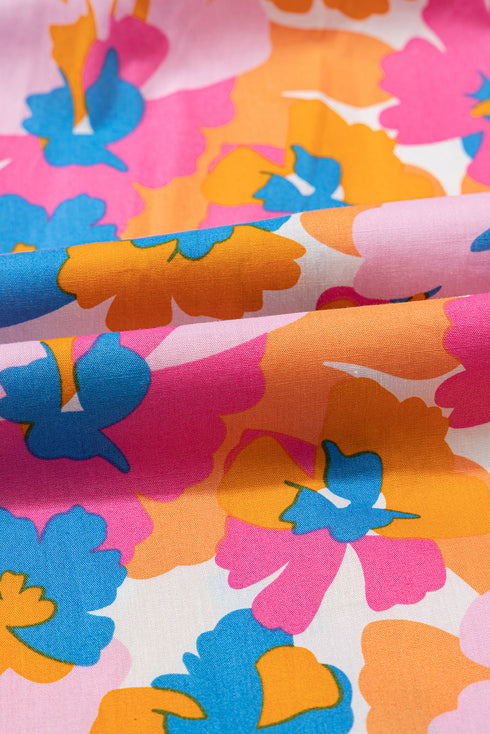 Retro Bloom V Neck Cotton Floral Tie Sleeve Blouse