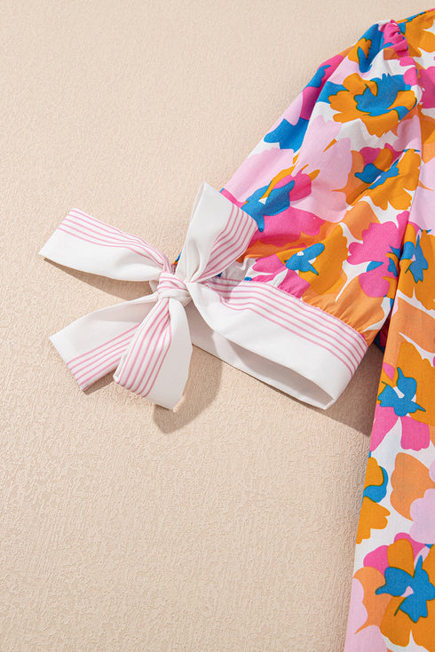 Retro Bloom V Neck Cotton Floral Tie Sleeve Blouse