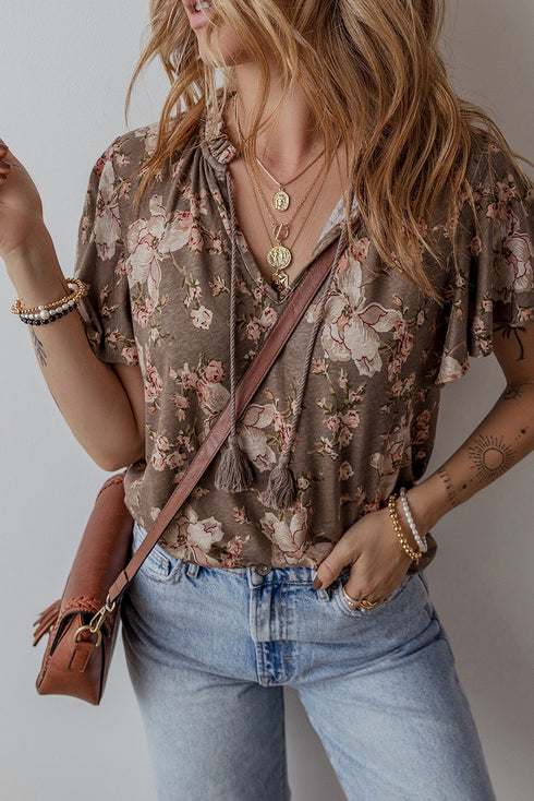 Retro Blossom Fringe Tie Flare Sleeve Blouse