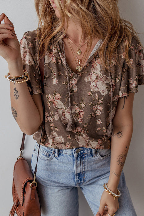 Retro Blossom Fringe Tie Flare Sleeve Blouse