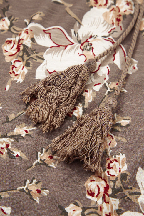 Retro Blossom Fringe Tie Flare Sleeve Blouse