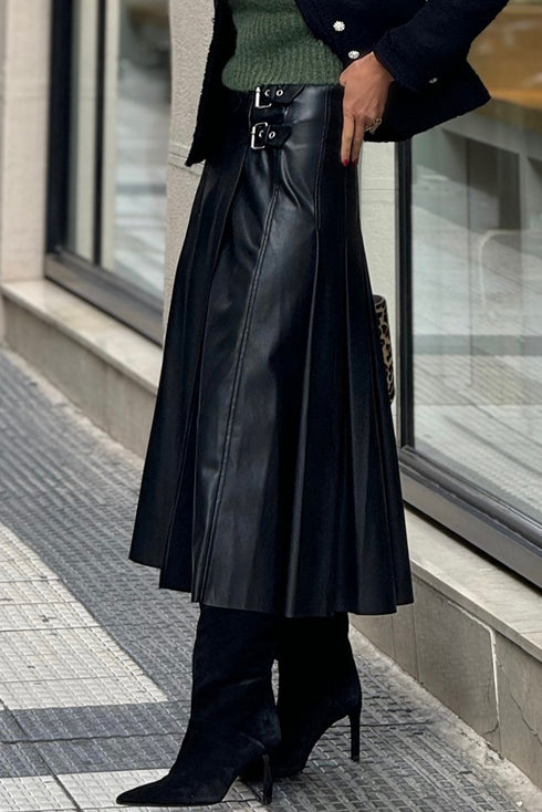 Retro Buckle Waist Pleated Vegan Leather Midi Skirt
