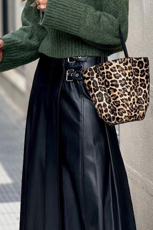 Retro Buckle Waist Pleated Vegan Leather Midi Skirt