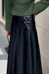Retro Buckle Waist Pleated Vegan Leather Midi Skirt