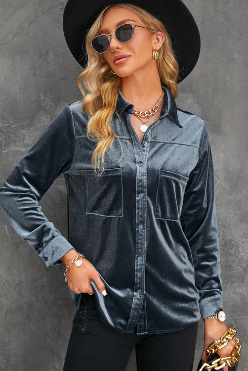 Retro Buttoned Pocket Long Sleeve Velvet Shirt