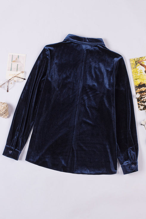 Retro Buttoned Pocket Long Sleeve Velvet Shirt