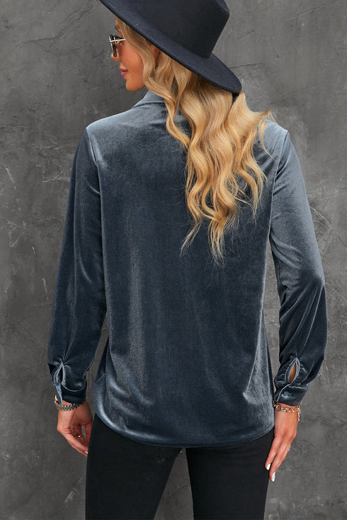 Retro Buttoned Pocket Long Sleeve Velvet Shirt