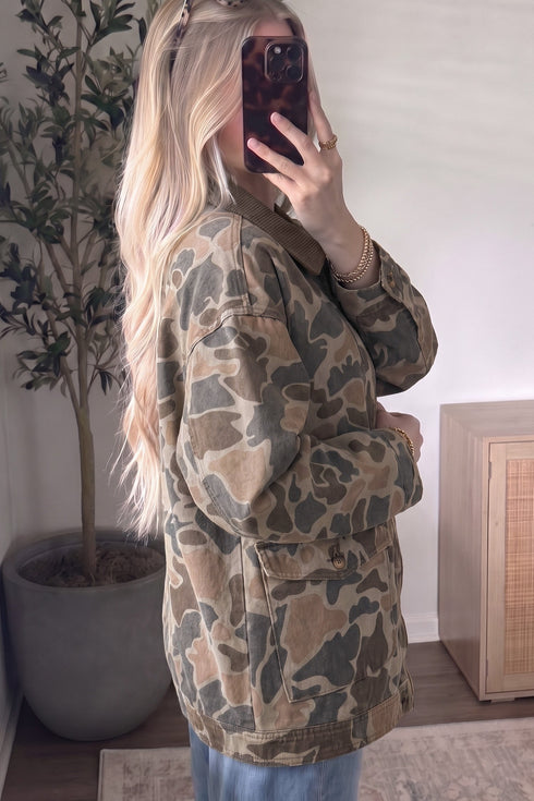 Retro Camouflage Corduroy Collar Zip Denim Jacket