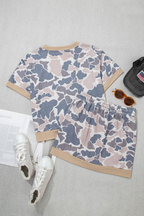 Retro Camouflage Print Trim Skort Two Piece Outfit