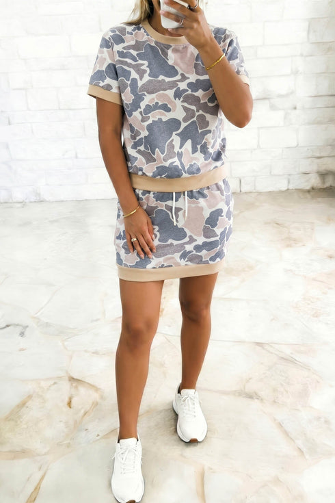 Retro Camouflage Print Trim Skort Two Piece Outfit