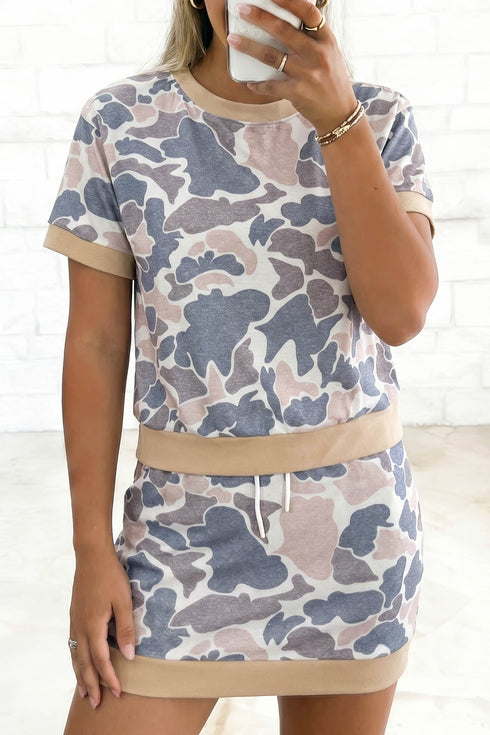 Retro Camouflage Print Trim Skort Two Piece Outfit