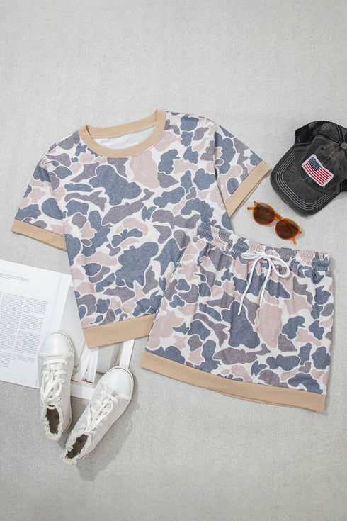 Retro Camouflage Print Trim Skort Two Piece Outfit