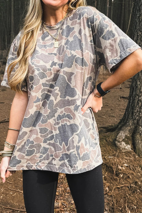Retro Camouflage Print Western Style Graphic T Shirt