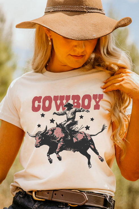 Retro Cowboy Graphic T Shirt With Plaid Bull Detail
