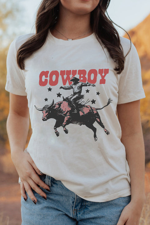 Retro Cowboy Graphic T Shirt With Plaid Bull Detail