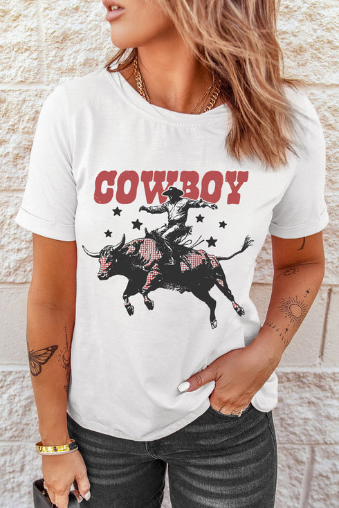 Retro Cowboy Graphic T Shirt With Plaid Bull Detail