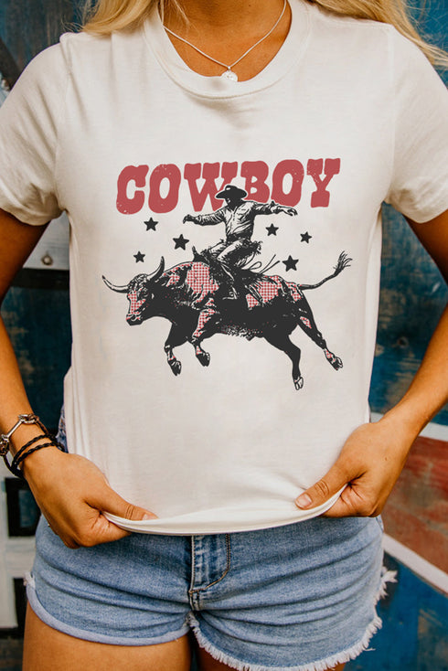 Retro Cowboy Graphic T Shirt With Plaid Bull Detail