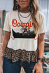 Retro Cowgirl Print Leopard Patchwork Ruffle Hem Tee