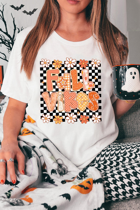 Retro Daisy Checkerboard Fall Vibes Graphic Print T Shirt