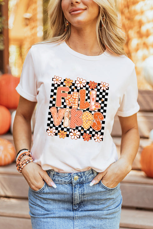 Retro Daisy Checkerboard Fall Vibes Graphic Print T Shirt