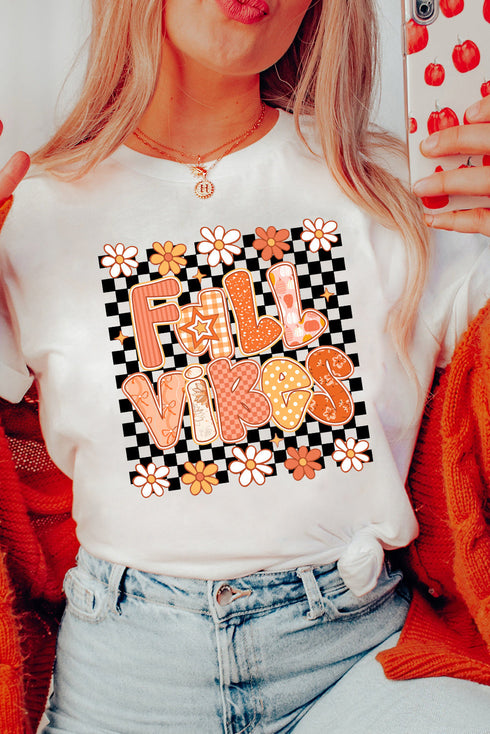 Retro Daisy Checkerboard Fall Vibes Graphic Print T Shirt