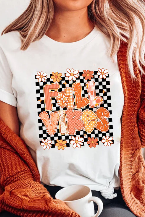 Retro Daisy Checkerboard Fall Vibes Graphic Print T Shirt