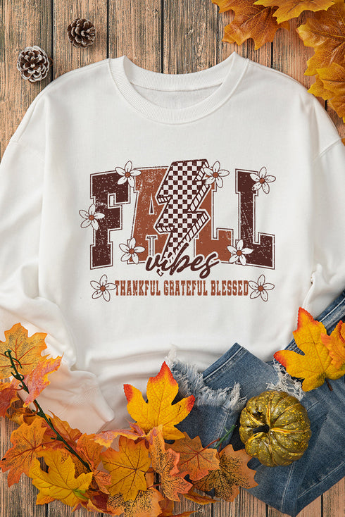 Retro Floral Checkerboard Lightning Bolt Fall Vibes Graphic Sweatshirt
