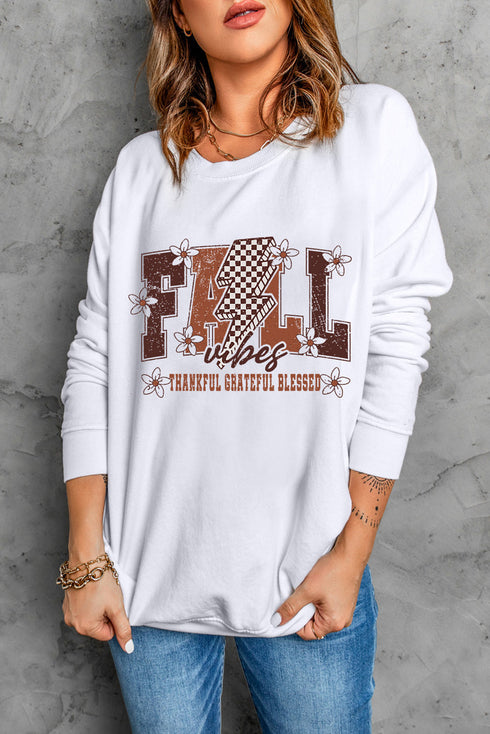 Retro Floral Checkerboard Lightning Bolt Fall Vibes Graphic Sweatshirt