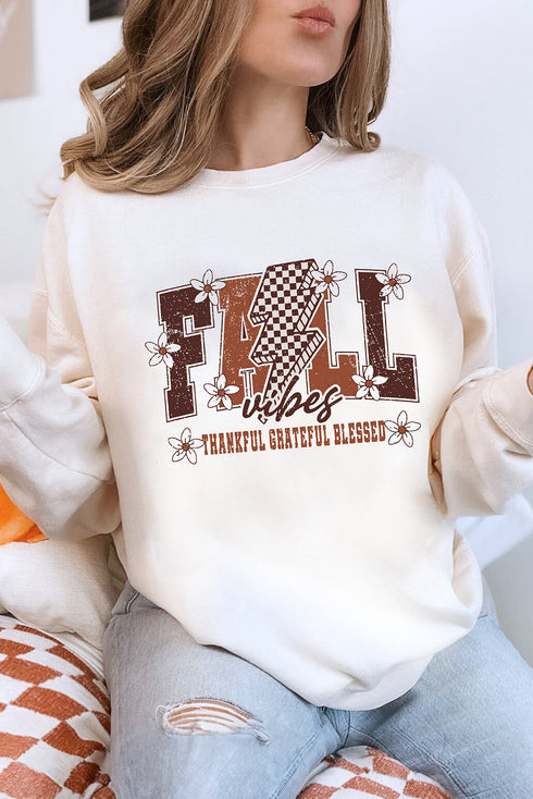 Retro Floral Checkerboard Lightning Bolt Fall Vibes Graphic Sweatshirt