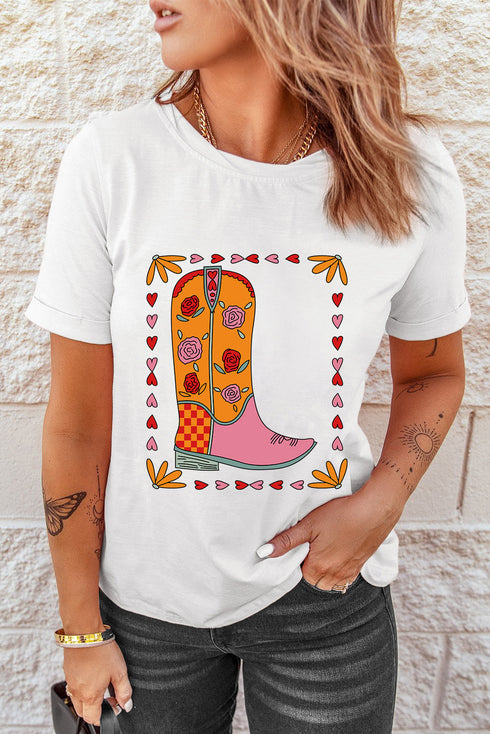 Retro Floral Cowgirl Boot Graphic Print Short Sleeve Casual Tee