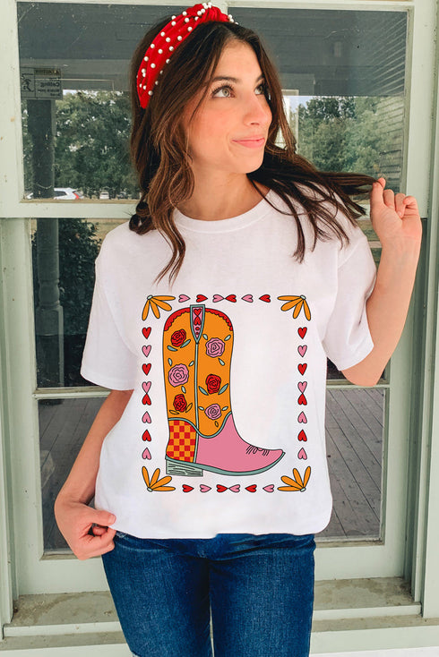 Retro Floral Cowgirl Boot Graphic Print Short Sleeve Casual Tee