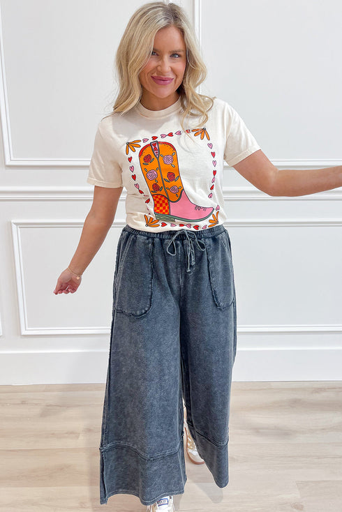 Retro Floral Cowgirl Boot Graphic Print Short Sleeve Casual Tee